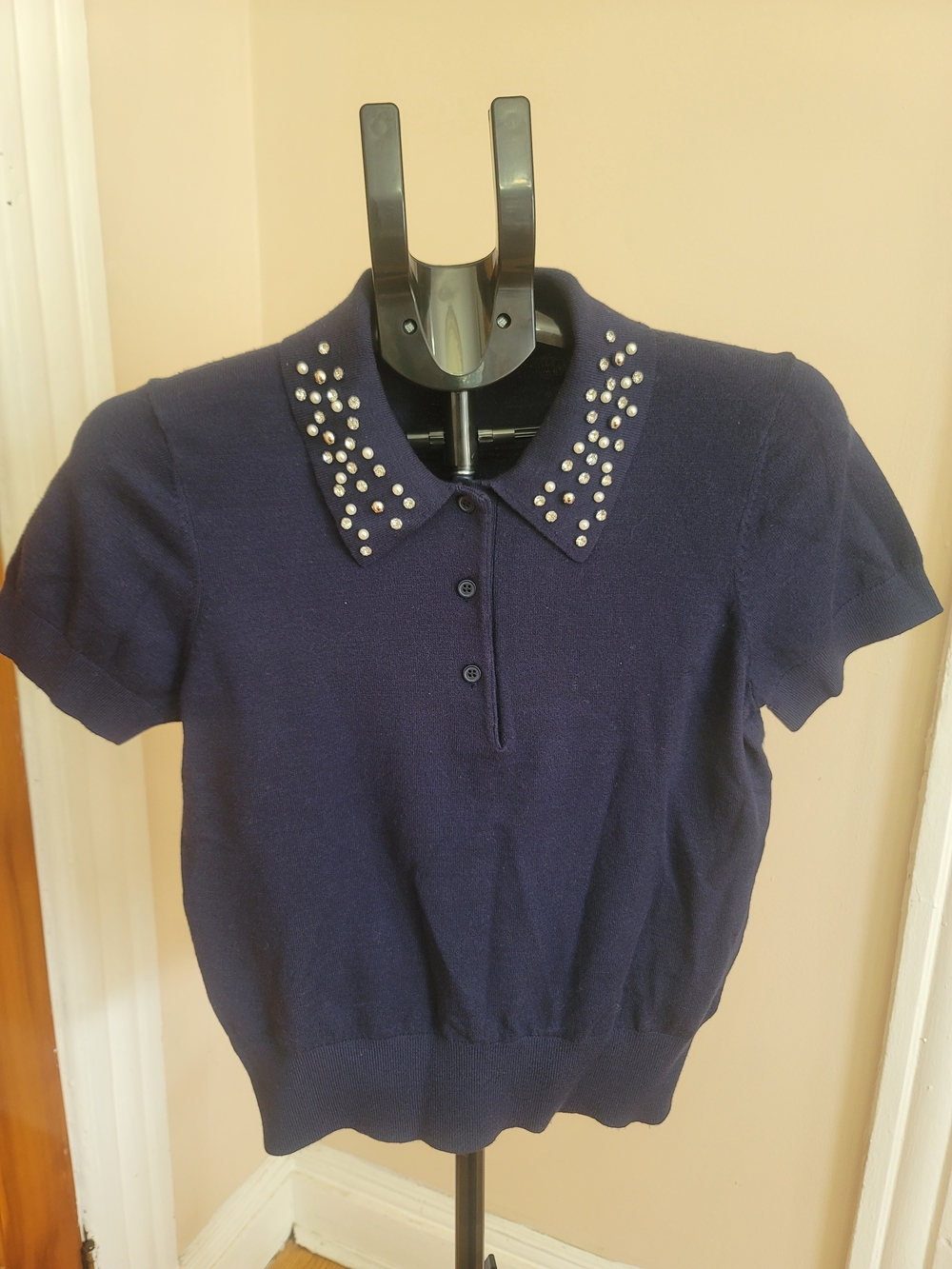 Navy Short-Sleeve Knit Top with Studded Peter Pan Collar